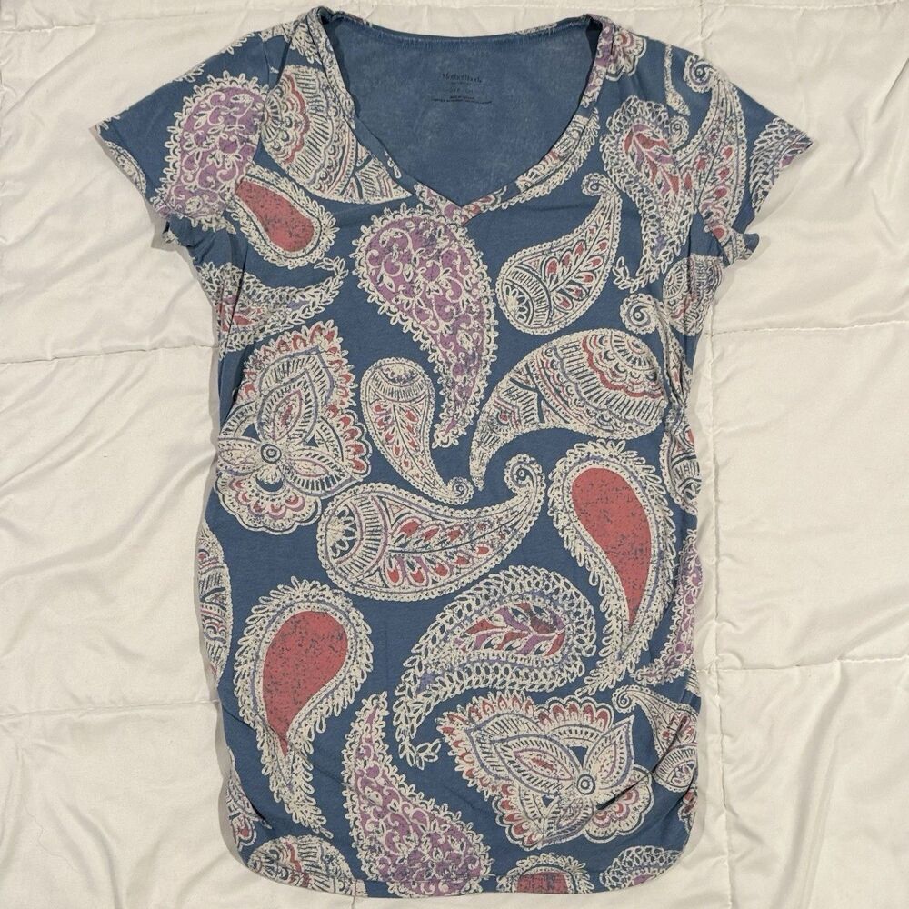 Motherhood Maternity Paisley Short Sleeve Shirt Sz S Side Ruched Stretch Blue EC